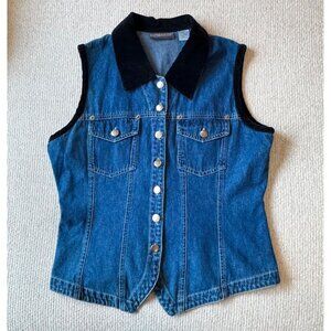 Vintage 90s Expressions Brand Womens Denim Vest with Black Velvety Collar Medium